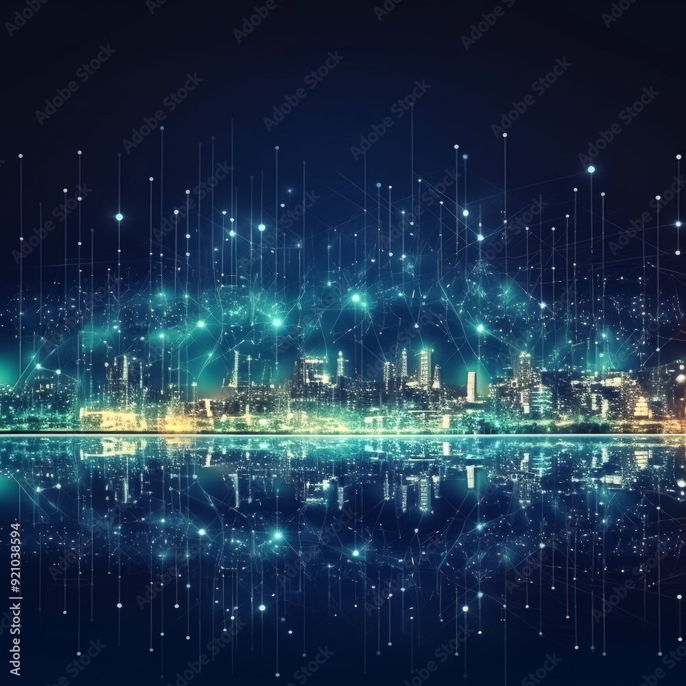 Wall mural a cityscape with a network of lights and a city skyline. the lights are connected to each other, cre