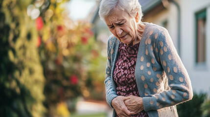 An elderly woman clutches her stomach in pain, representing discomfort, health issues, and the challenges faced by the elderly.