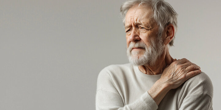  An elderly man holds his shoulder in pain, symbolizing aging, physical discomfort, and the challenges of health in old age.