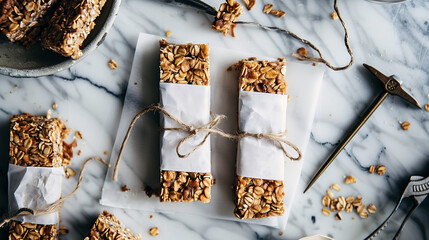 a selection of homemade granola bars, wrapped in parchment paper and tied with twine, placed on a marble countertop with a backdrop of kitchen tools
