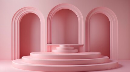 A pink room with a pink archway and a pink wall. A vase with flowers sits on a pedestal in the room