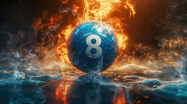 Billiard ball number 8 in fire flying in dark background