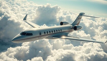 Fototapeta premium A sleek private jet soars through clouds, sunlight glinting off its polished surface, showcasing luxury against a dramatic sky.