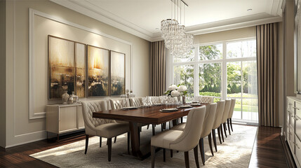 3d rendering luxury dining room and living room in a classic style