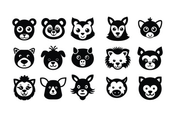 Obraz premium Bundle of animal face icons and silhouettes vector art on a white background.