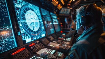 Missile Defense System - Control panel of the missile defense system with a radar display screen and digital maps. Officials are reviewing the information received from the sensors.
