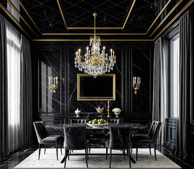 A black and gold room with a chandelier hanging from the ceiling
