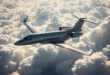 Fototapeta premium In a striking advertisement, a sleek private jet glides through the clouds, sunlight reflecting off its polished surface