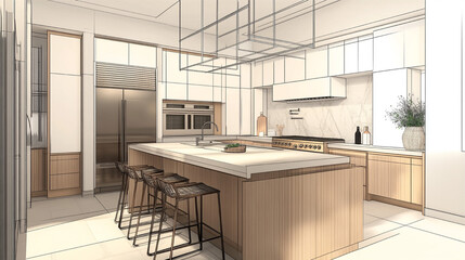sketch design of interior kitchen,3d render and illustration