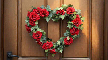 Rose flowers wreath on door, Valentine day.