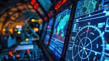 Missile Defense System - Control panel of the missile defense system with a radar display screen and digital maps. Officials are reviewing the information received from the sensors.