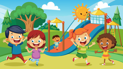 happy excited kids having fun together on playground vector illustration