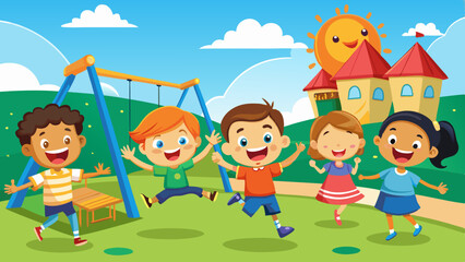 happy excited kids having fun together on playground vector illustration