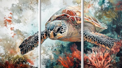 Set of 3 wall art panels with serene sea turtle portrait with coral reef and underwater plants in the background, abstract oil painting, close up, split into three on white background 