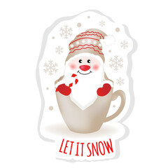  Sticker with cute gnome sitting in cup. Colorful design for social media communication, networking, website badges, greeting cards.