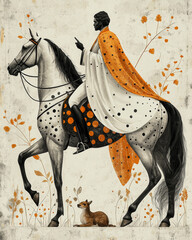 Stylized Black and White Minimalist Horse and Figure Interaction