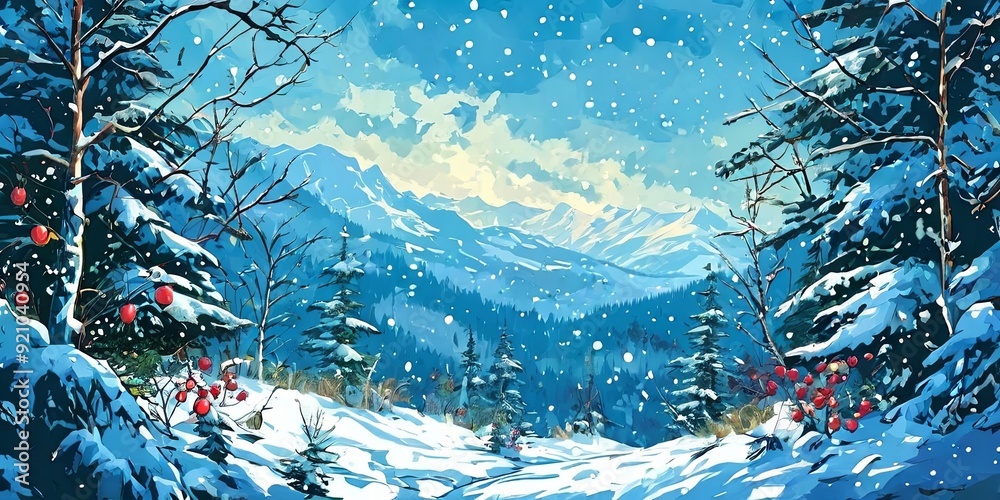 Poster a snowy landscape with a mountain range in the background