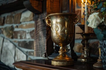 The reflection of a golden trophy in a mirror. A luxurious golden cup sits on a wooden table, reflecting light and creating a striking visual against the table's surface, AI generated