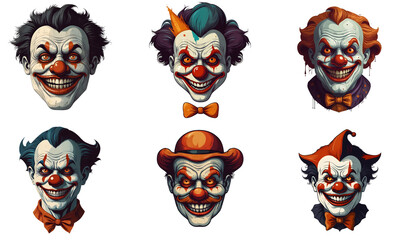 Set of cartoon horror clown character faces. vector illustration of evil clowns smile scary circus monsters. Generative AI.