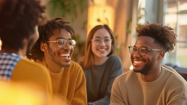 happy, smiling people Friends or colleagues getting together in the living room to converse, exchange news, and swap anecdotes