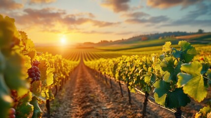 Fototapeta premium Vineyard during the golden hour, with long shadows cast across the rows of vines