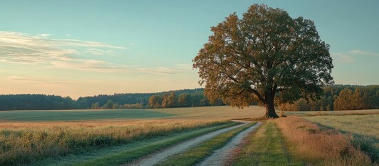 Obraz premium Solitary Oak Tree on a Rural Road at Dawn