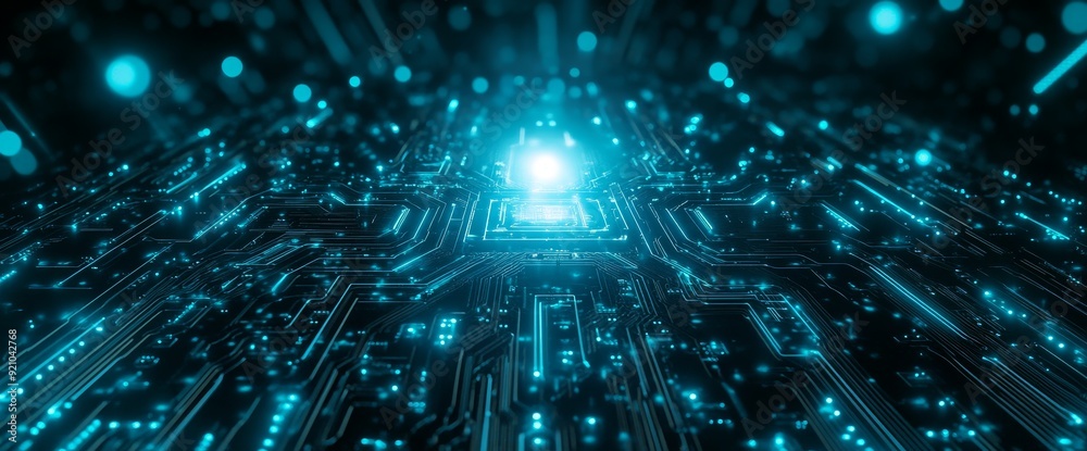 Poster a printed circuit board futuristic server/a printed circuit board futuristic server code processor. 