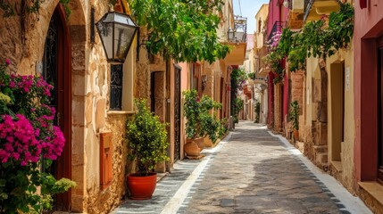 Picturesque narrow alley in a charming Mediterranean town. Quaint stone buildings adorned with colorful flowers and plants. Perfect for travel, tourism, and architectural themes. 