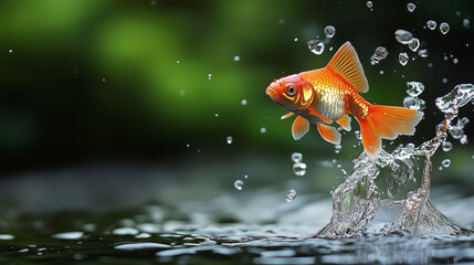 Obraz premium A goldfish jumps out of the water, splashing droplets against a green blurred background