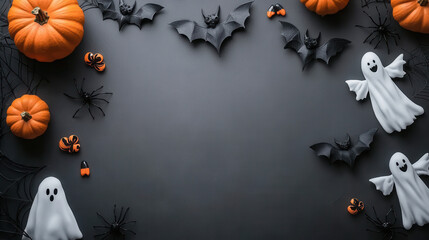 Halloween holiday card with party decorations of pumpkins, bats, spiders, ghosts on gray background top view