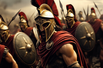 300 Spartan warriors in armor with weapons and red cloaks in battle