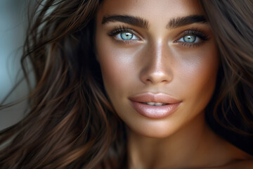 Fototapeta premium Stunning close-up portrait of a young woman with striking blue eyes and flowing brown hair, radiating beauty