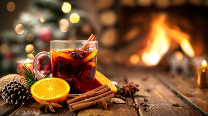 a sophisticated winter mulled wine, with orange slices, cloves, and cinnamon sticks, served in a clear glass mug, with a cozy fireplace and winter decor in the background