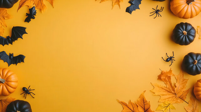 Halloween holiday card with party decorations of pumpkins, bats, spiders, ghosts on golden background top view