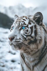 A three-quarter profile portrait of a white tiger with glowing blue eyes is captured from an extreme low angle, showing its fierce expression and white fur against the snowy mountains.
