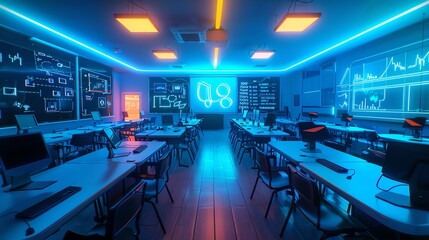 Modern classroom with neon lights and computers, perfect for tech education.