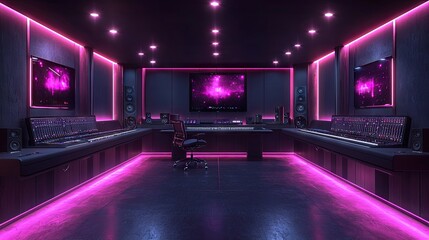 Modern music studio with soundproof walls bright lights and comfortable equipment. Concept Music Production, Soundproof Walls, Bright Lights, Comfortable Equipment, Modern Studio