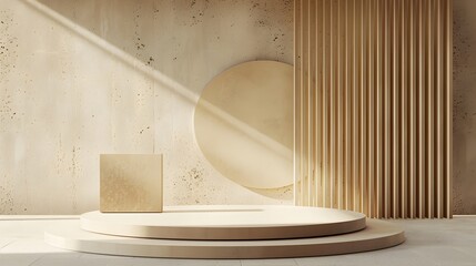 A white and brown room with a white and brown table and a white and brown curtain. The room is empty and has a minimalist feel