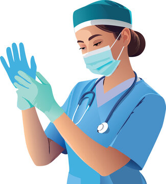 Female doctor wearing surgical mask putting on sterile gloves