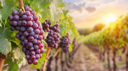 Fototapeta premium Close-up of ripe grapes hanging on the vine in a sunlit vineyard