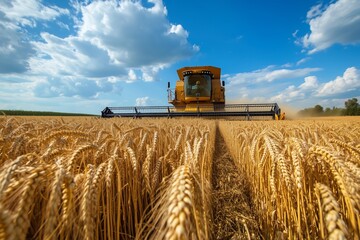 Wheat harvesting with a combine tractor under blue skies in a rural field during the day