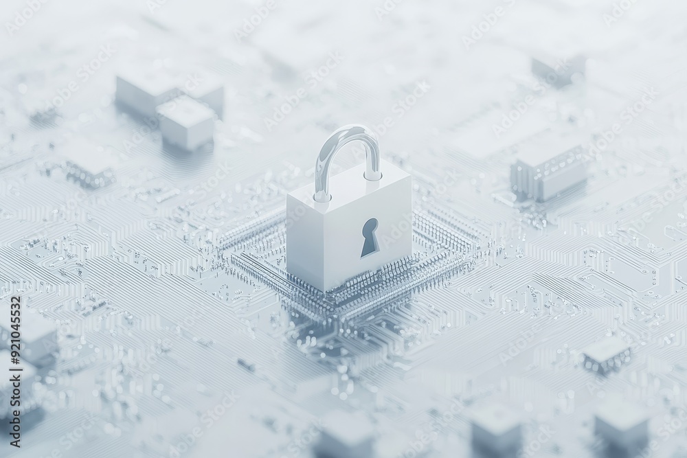 Poster concept for future technology, cyber protection, and security with front view of padlock binary code