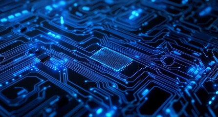 Abstract blue technology background made from different elements printed circuit board. Bokeh effect and Depth of Field effect.