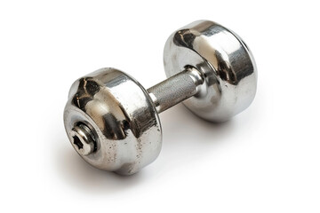 High-quality stainless steel dumbbell isolated on a white background, essential for fitness and strength training.