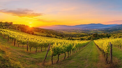 Fototapeta premium Vineyard Landscape at Sunset with Golden Sky and Rolling Hills