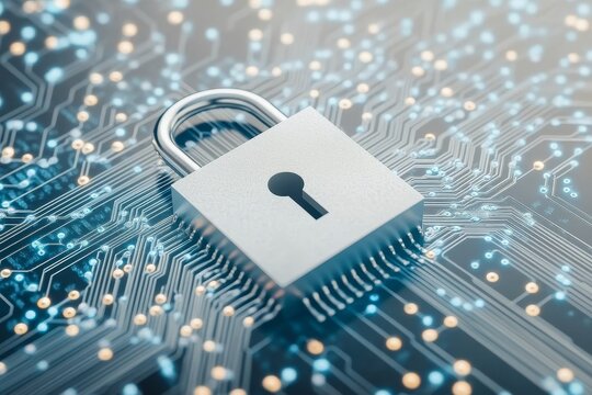 The future of technology, security, and cyber protection concept with a padlock binary code printed on the circuit surface and a white background for advertising posters. 3D rendering, mockup.