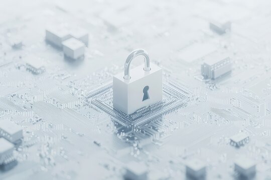 Concept for future technology, cyber protection, and security with front view of padlock binary code printed on circuit surface with space for advertising poster. 3D rendering, mockup.