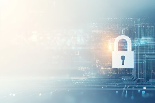The concept of future technology, security, and cyber protection features binary codes printed on a circuit surface in front of a white background with space for advertising posters. A 3D rendering