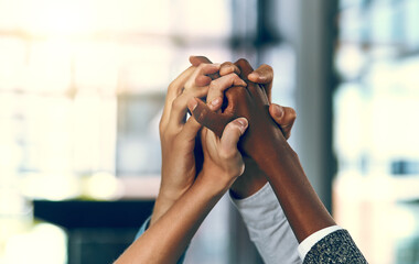 Trust, business people and hands up in office for diversity, inclusion and acceptance for equal...