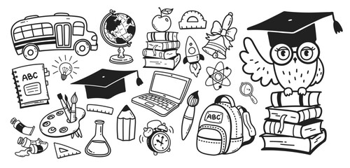 Vector line art cute illustration set of back to school education symbols and objects © Sonya illustration